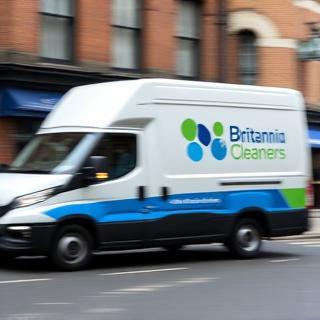 Delivery van branded with Britannia Cleaners logo.