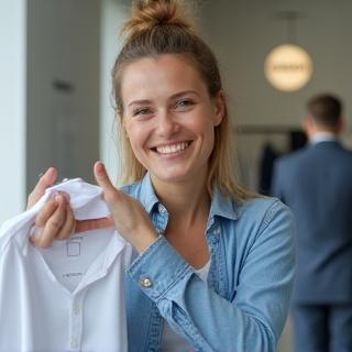 Happy customer receiving cleaned clothes.